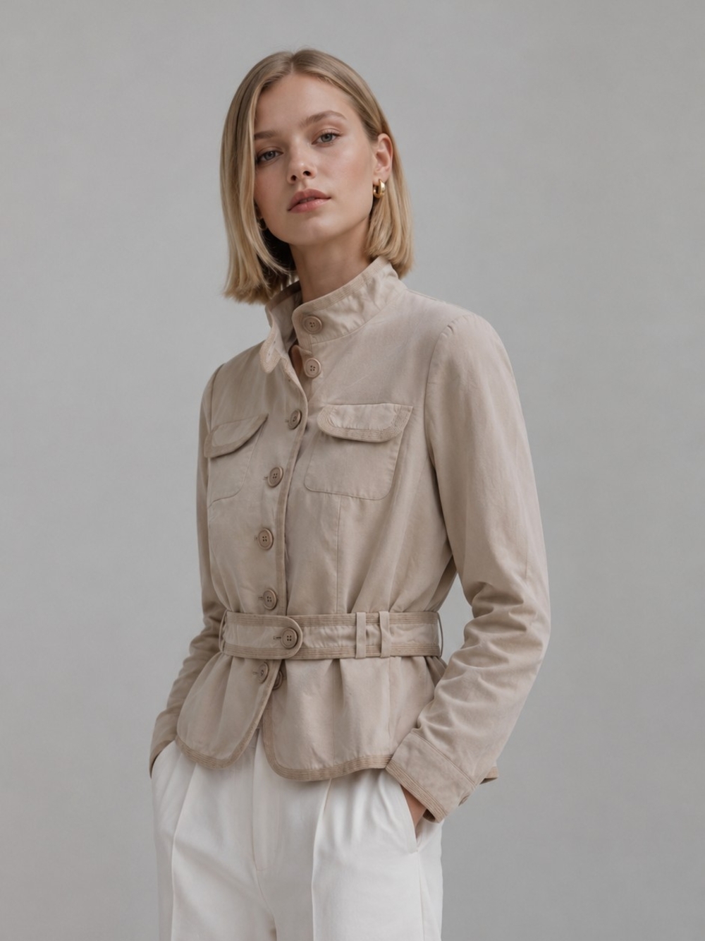 AKRIS Women's Belted Safari Jacket Beige Button Clouse Minimalist Quiet Luxury